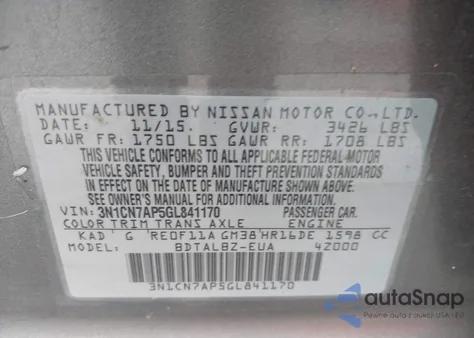 2016 Nissan Versa 1.6 S/1.6 S+/1.6 Sl/1.6 Sv from USA, damaged, VIN 3N1CN7AP5GL841170